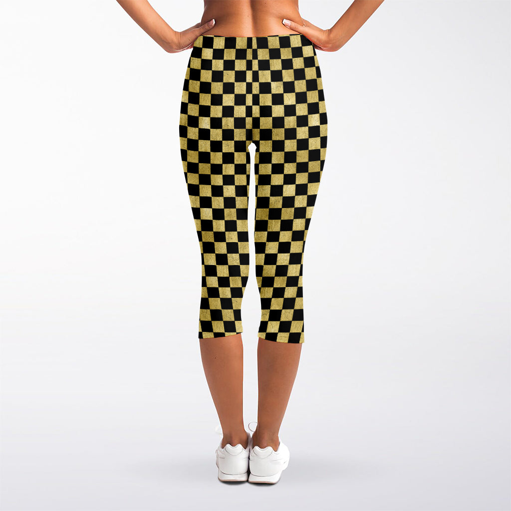 Gold And Black Checkered Pattern Print Women's Capri Leggings
