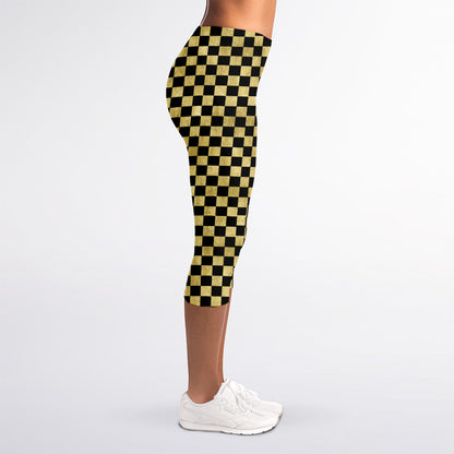 Gold And Black Checkered Pattern Print Women's Capri Leggings