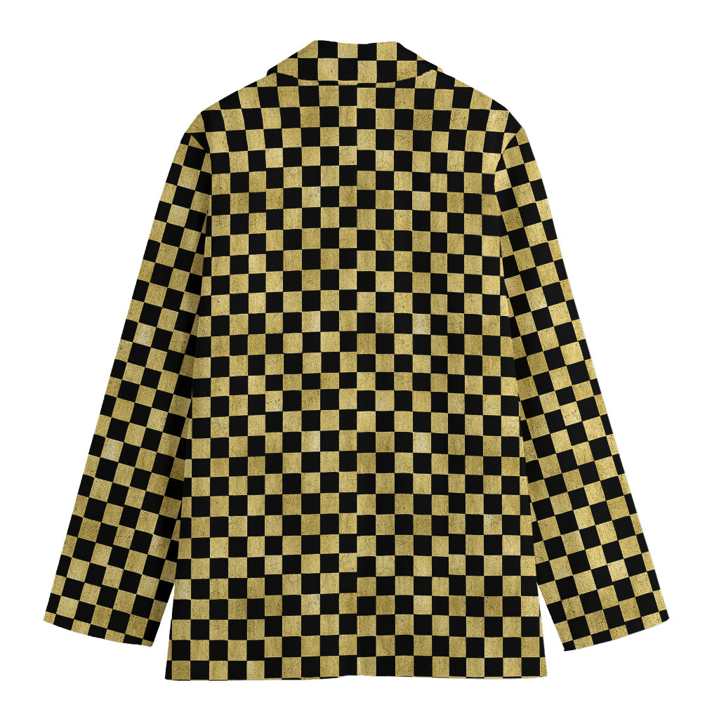 Gold And Black Checkered Pattern Print Women's Cotton Blazer