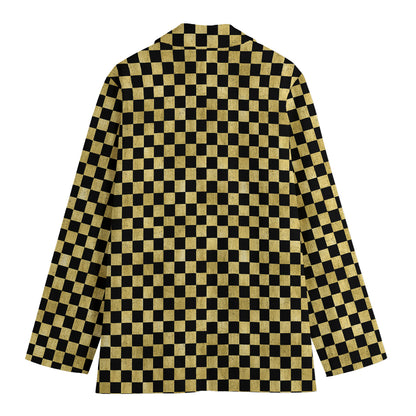 Gold And Black Checkered Pattern Print Women's Cotton Blazer