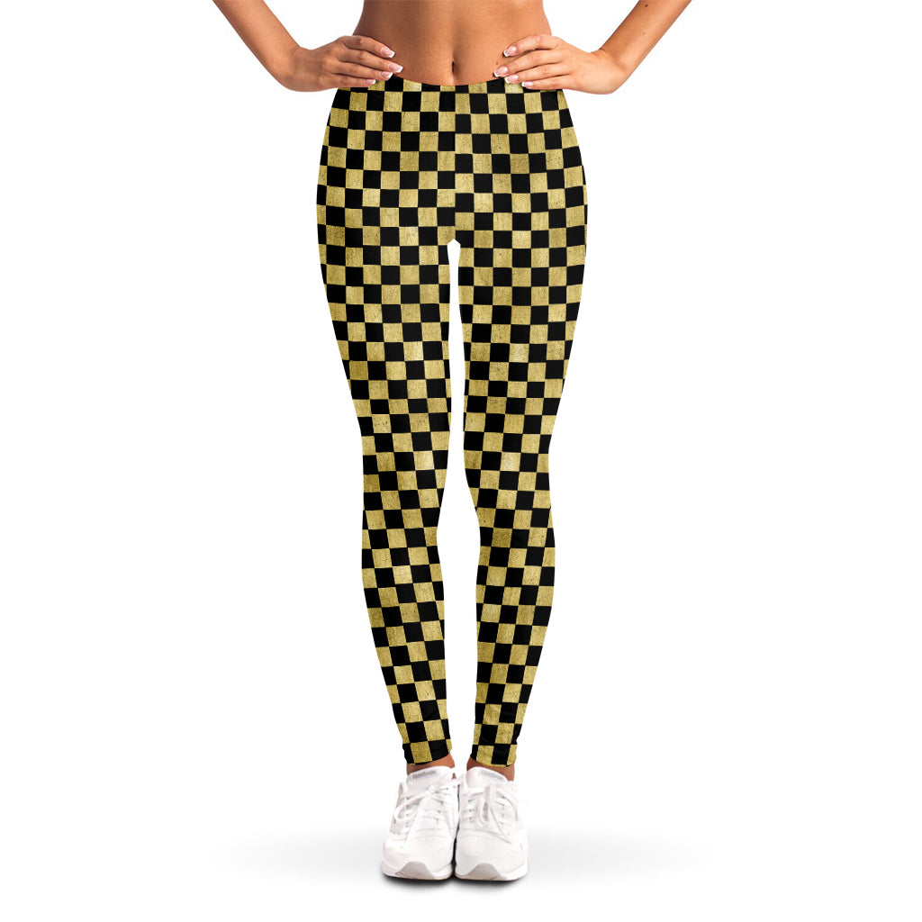 Gold And Black Checkered Pattern Print Women's Leggings