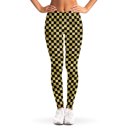 Gold And Black Checkered Pattern Print Women's Leggings