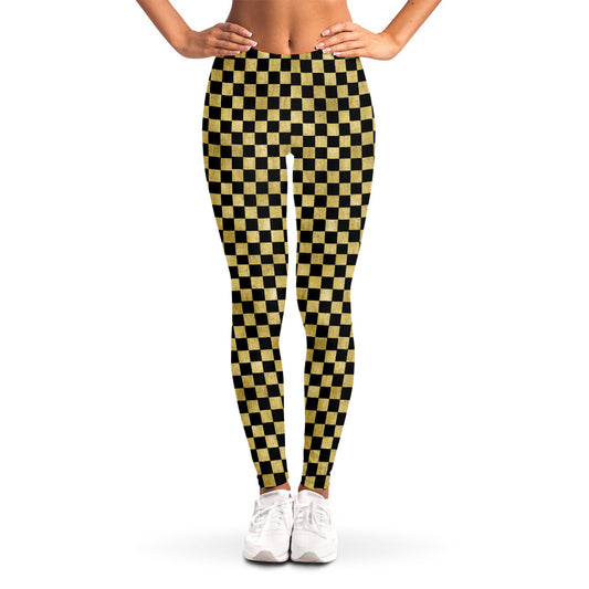 Gold And Black Checkered Pattern Print Women's Leggings