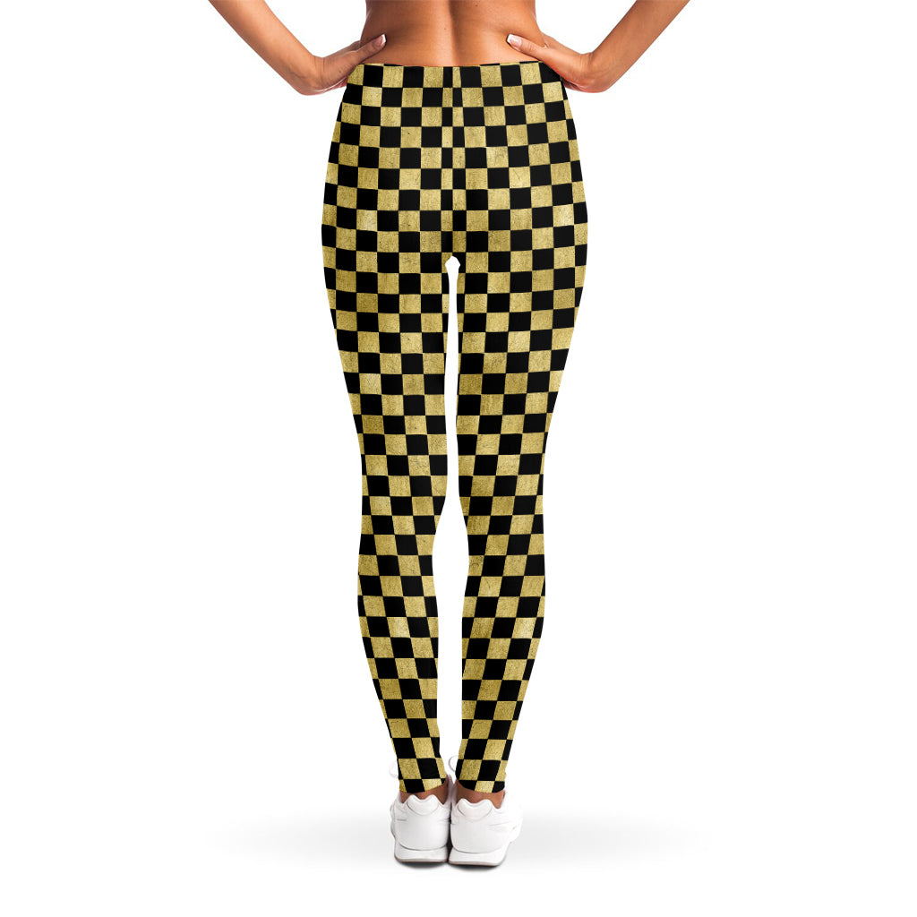 Gold And Black Checkered Pattern Print Women's Leggings