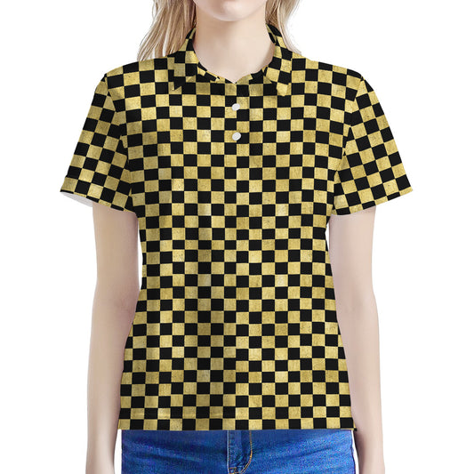 Gold And Black Checkered Pattern Print Women's Polo Shirt