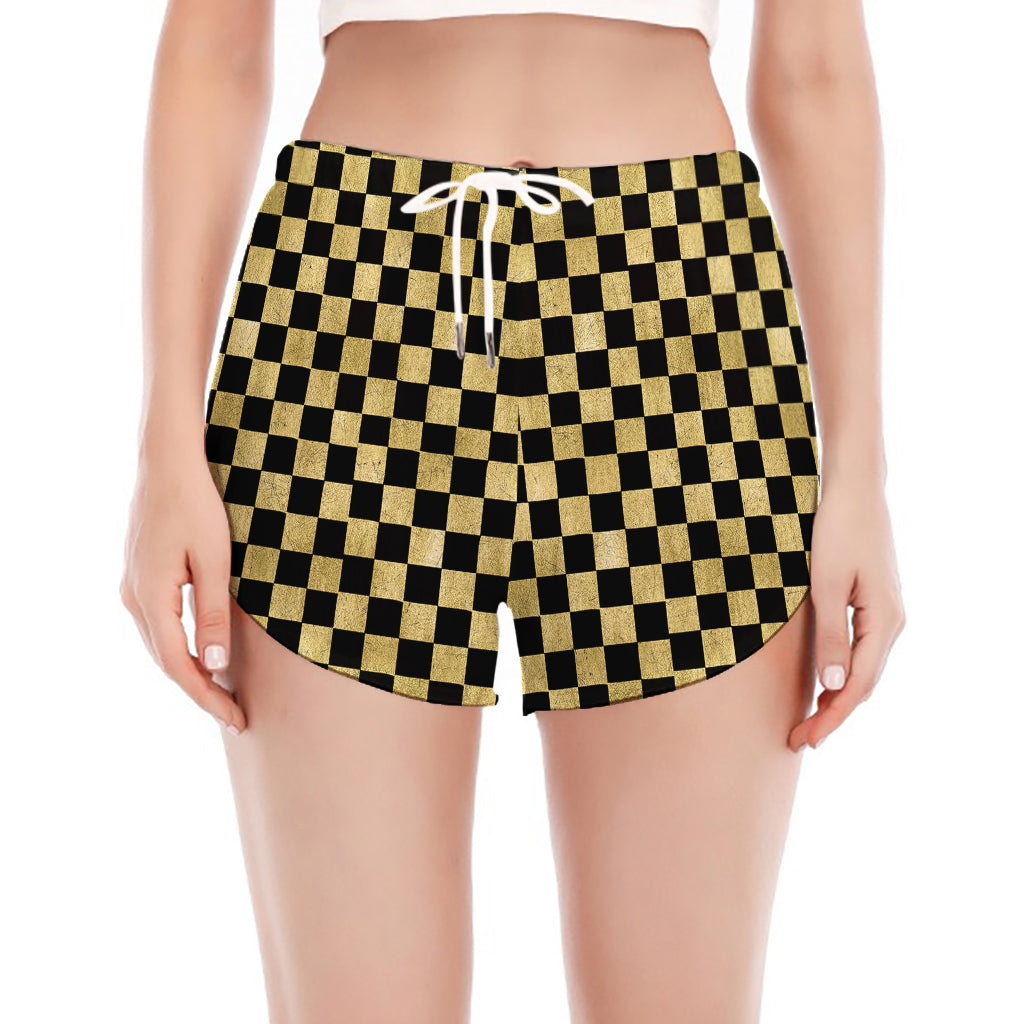 Gold And Black Checkered Pattern Print Women's Split Running Shorts