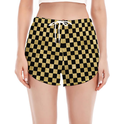 Gold And Black Checkered Pattern Print Women's Split Running Shorts