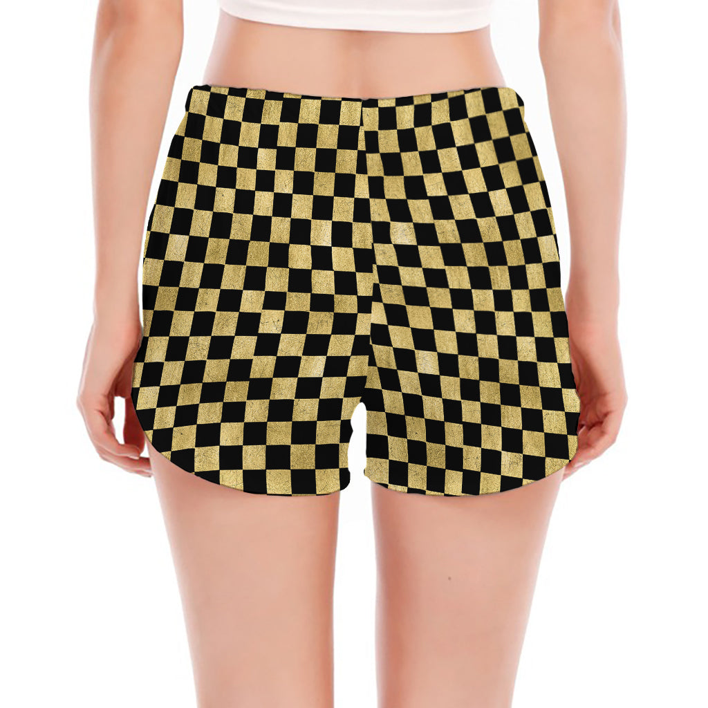 Gold And Black Checkered Pattern Print Women's Split Running Shorts