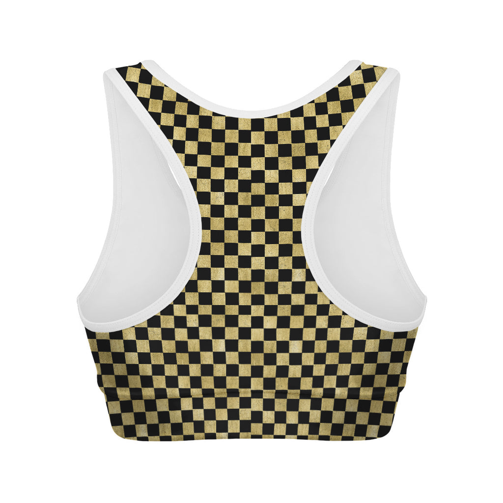 Gold And Black Checkered Pattern Print Women's Sports Bra