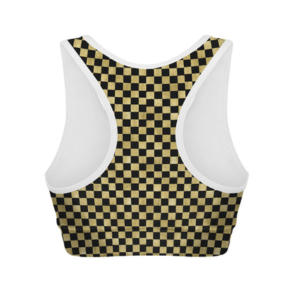 Gold And Black Checkered Pattern Print Women's Sports Bra