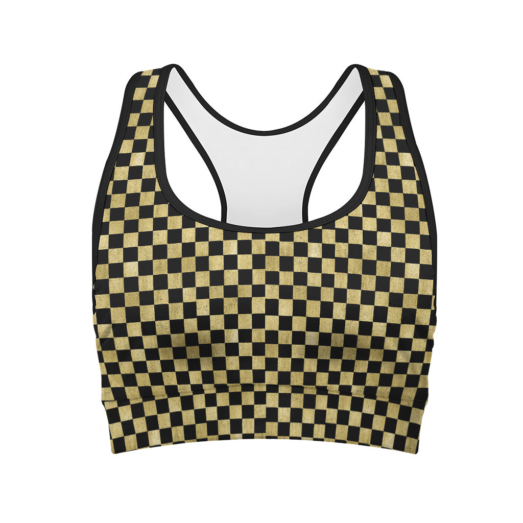 Gold And Black Checkered Pattern Print Women's Sports Bra