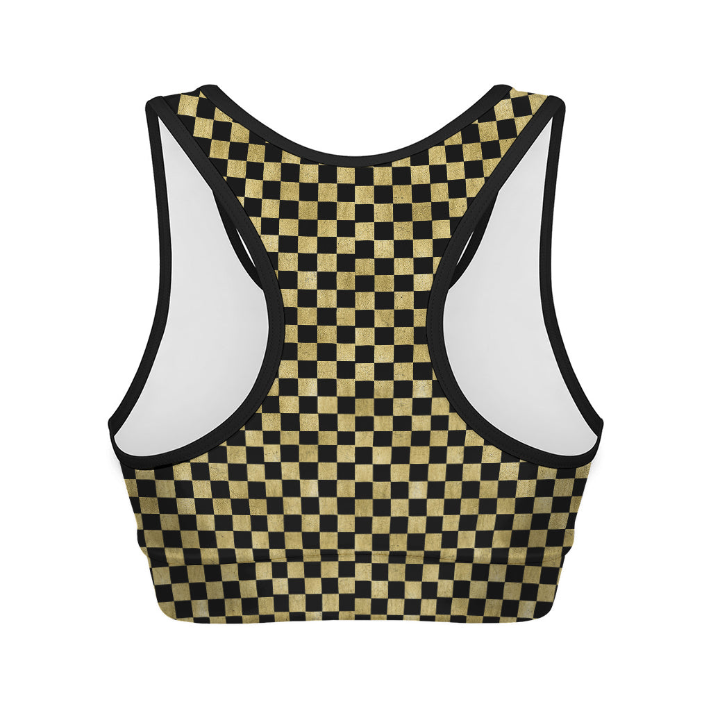 Gold And Black Checkered Pattern Print Women's Sports Bra