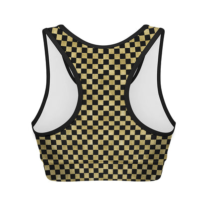 Gold And Black Checkered Pattern Print Women's Sports Bra