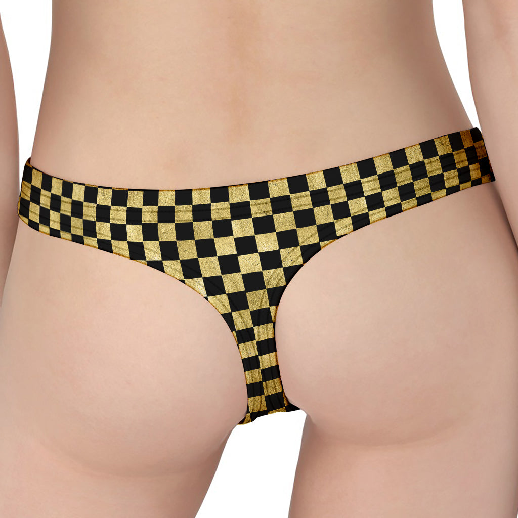 Gold And Black Checkered Pattern Print Women's Thong