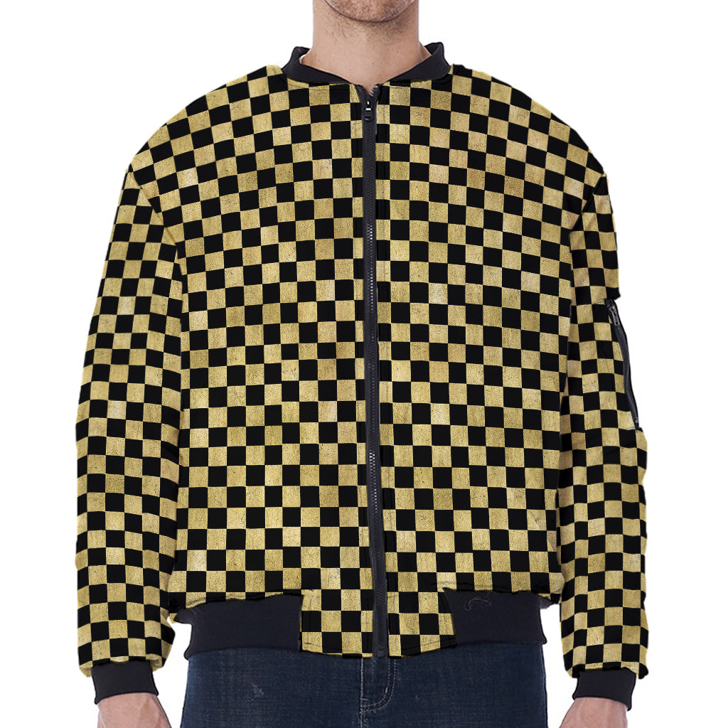 Gold And Black Checkered Pattern Print Zip Sleeve Bomber Jacket