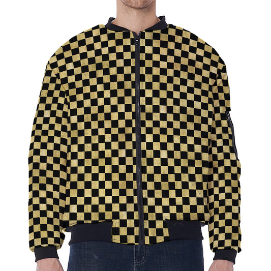 Gold And Black Checkered Pattern Print Zip Sleeve Bomber Jacket