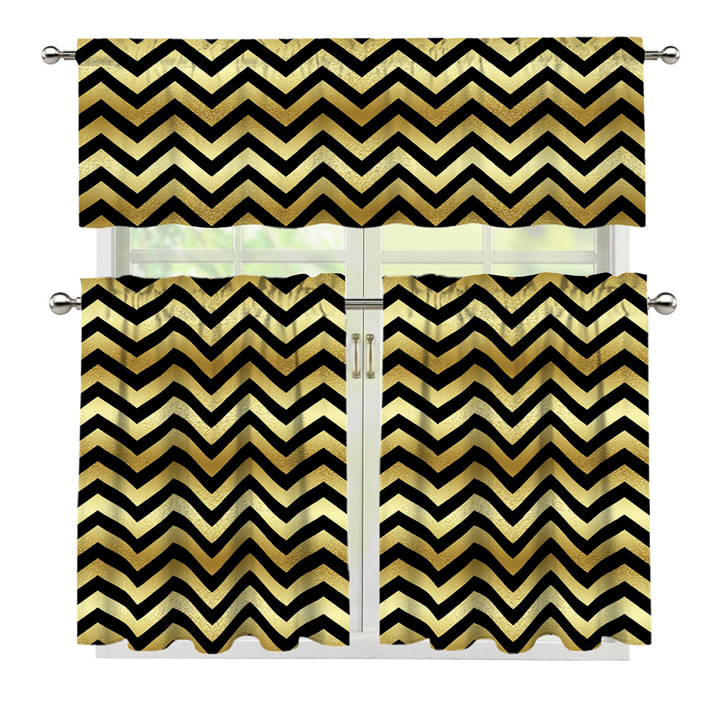 Gold And Black Chevron Pattern Print 3 Piece Kitchen Curtains