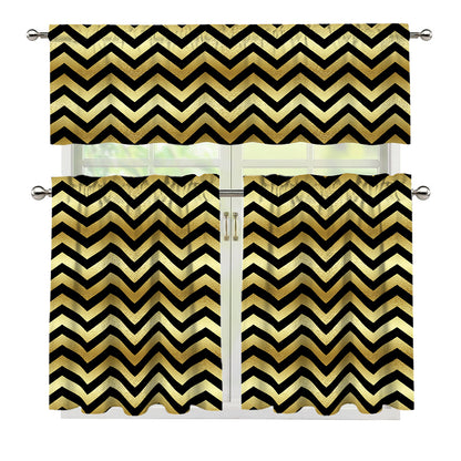 Gold And Black Chevron Pattern Print 3 Piece Kitchen Curtains