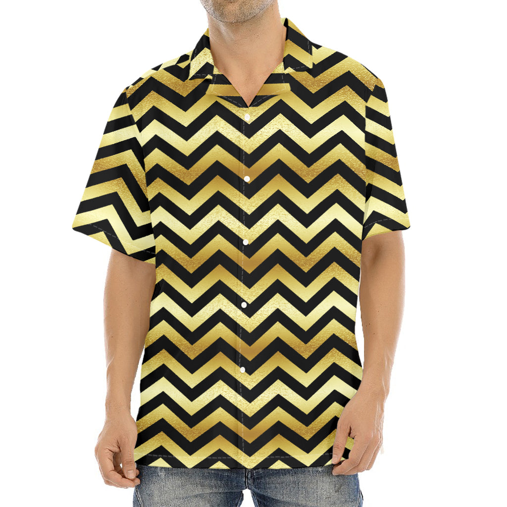 Gold And Black Chevron Pattern Print Aloha Shirt