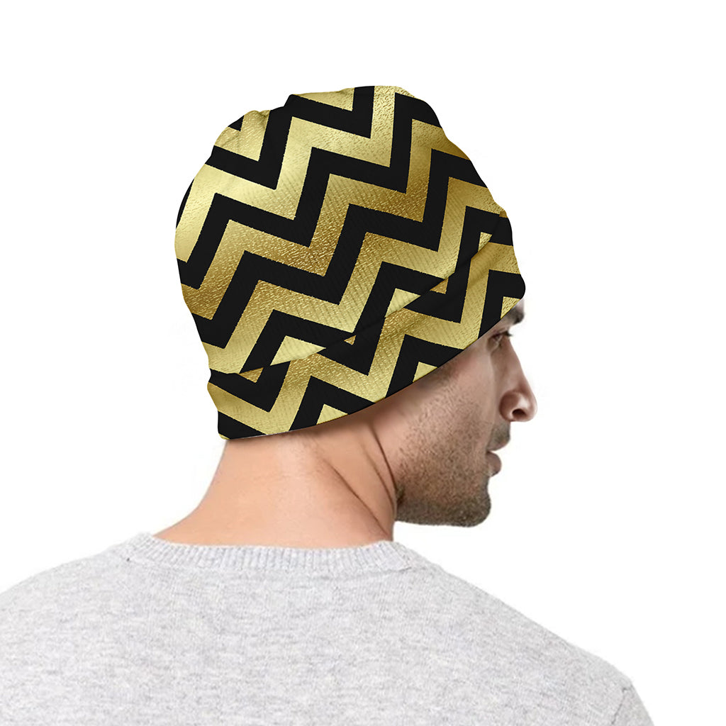 Gold And Black Chevron Pattern Print Beanie
