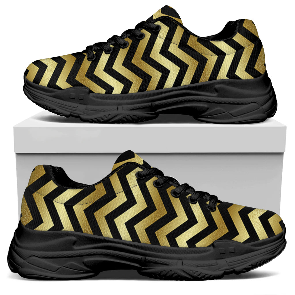 Gold And Black Chevron Pattern Print Black Chunky Shoes