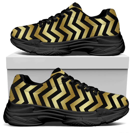 Gold And Black Chevron Pattern Print Black Chunky Shoes