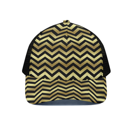 Gold And Black Chevron Pattern Print Black Mesh Trucker Cap