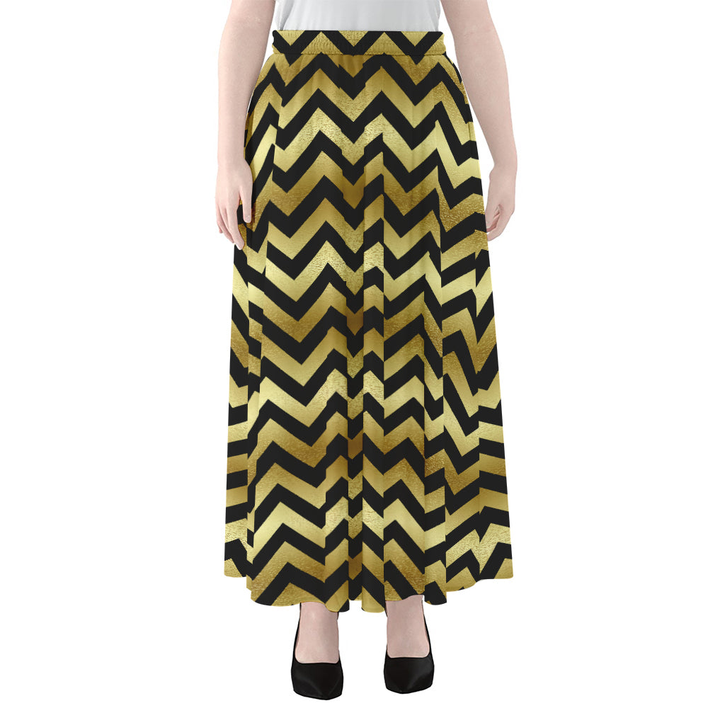 Gold And Black Chevron Pattern Print Chiffon Maxi Skirt