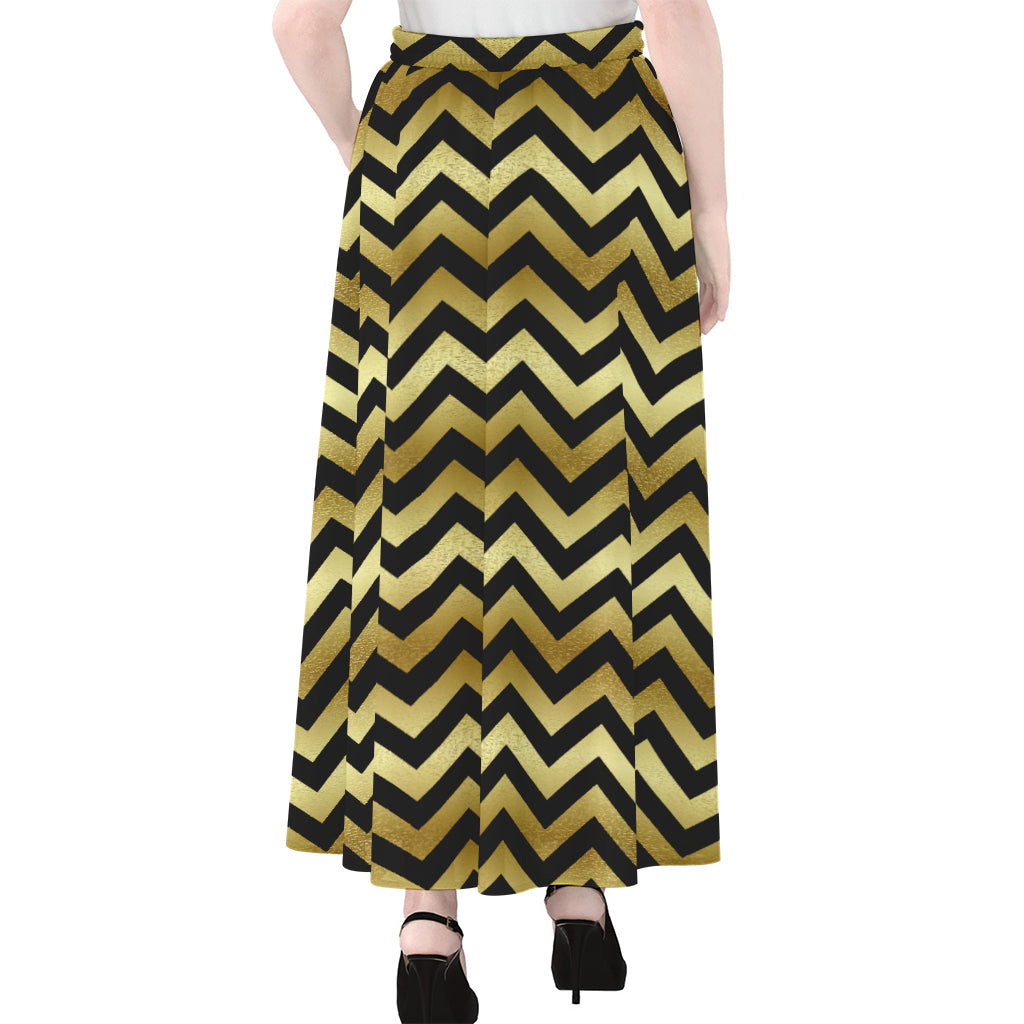 Gold And Black Chevron Pattern Print Chiffon Maxi Skirt