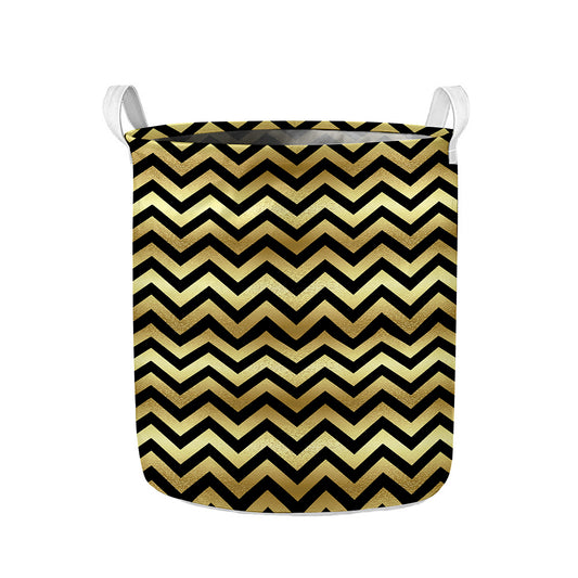Gold And Black Chevron Pattern Print Collapsible Laundry Basket