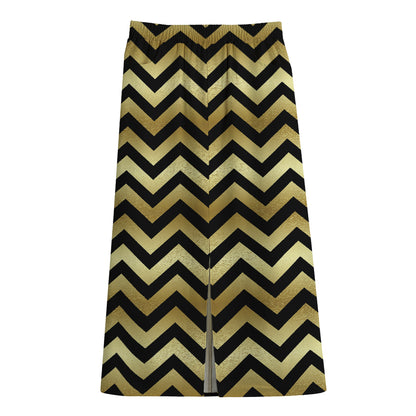 Gold And Black Chevron Pattern Print Cotton Front Slit Maxi Skirt