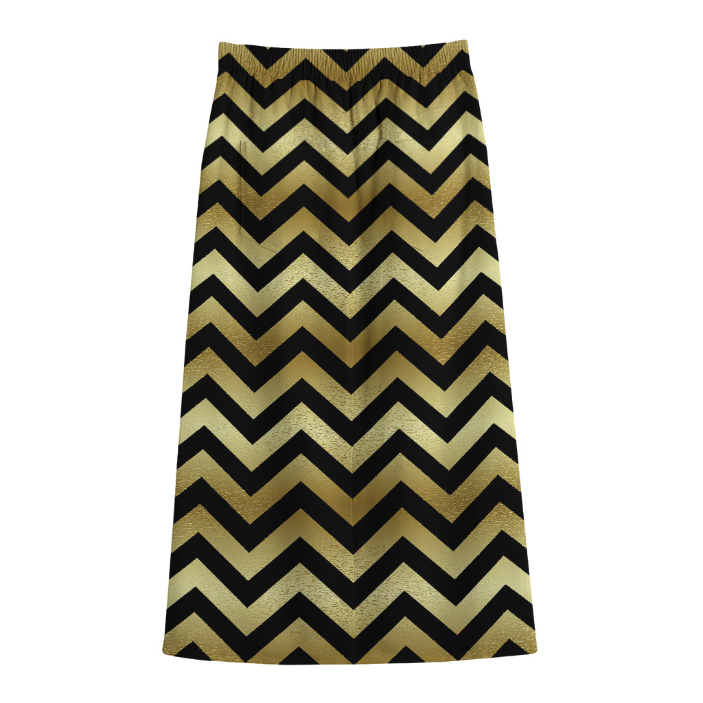 Gold And Black Chevron Pattern Print Cotton Front Slit Maxi Skirt