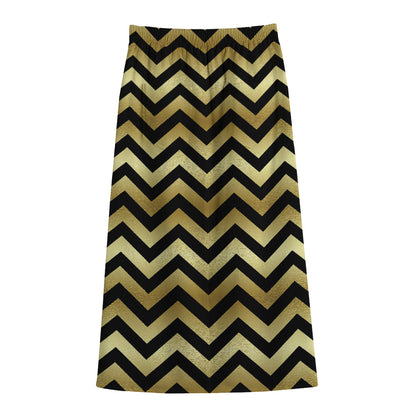 Gold And Black Chevron Pattern Print Cotton Front Slit Maxi Skirt