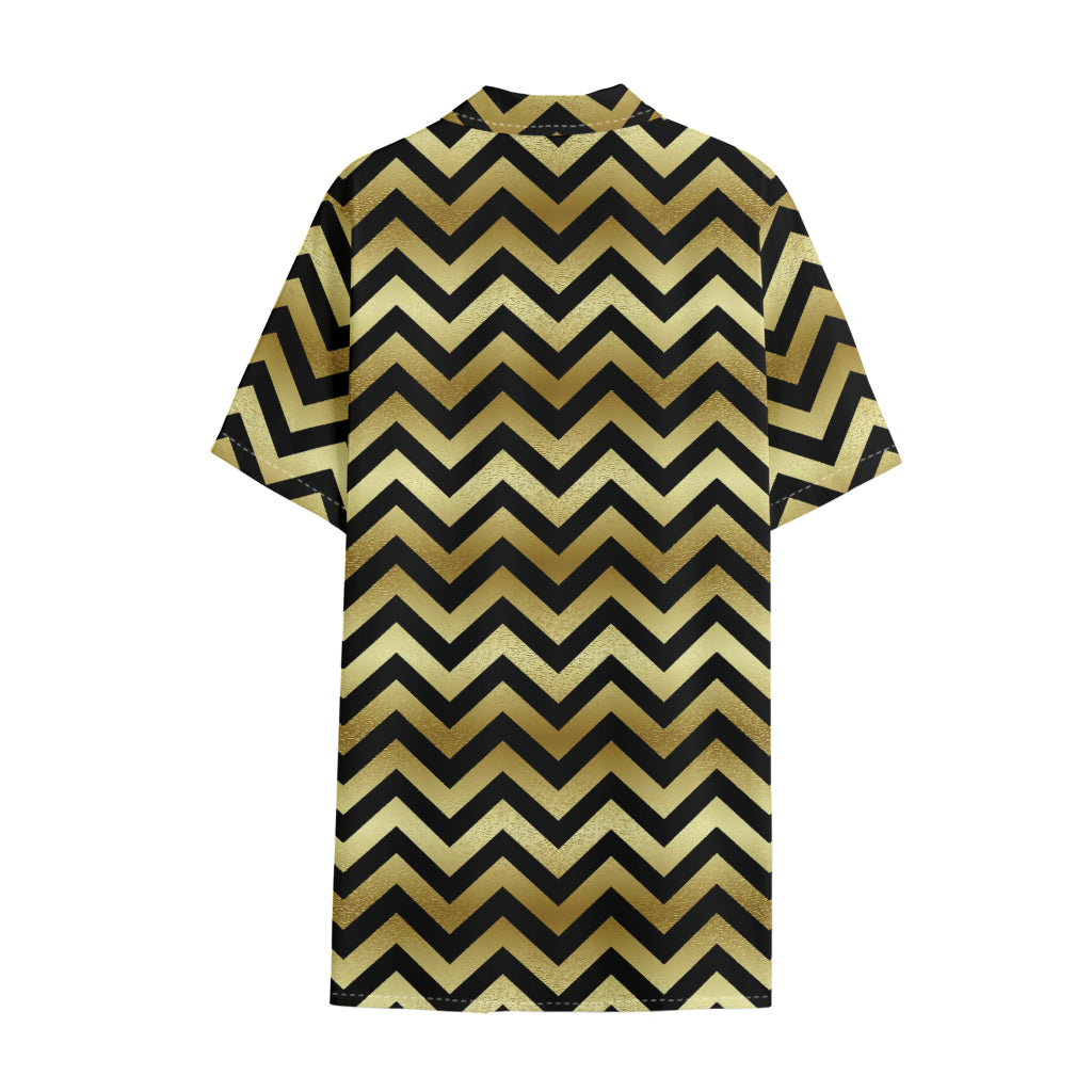 Gold And Black Chevron Pattern Print Cotton Hawaiian Shirt