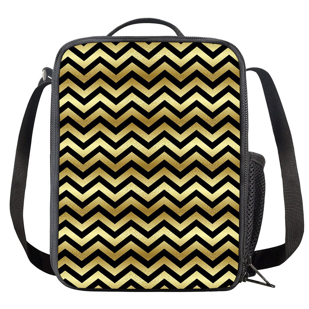 Gold And Black Chevron Pattern Print Crossbody Lunch Bag