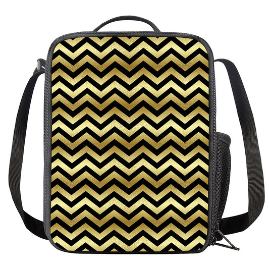 Gold And Black Chevron Pattern Print Crossbody Lunch Bag