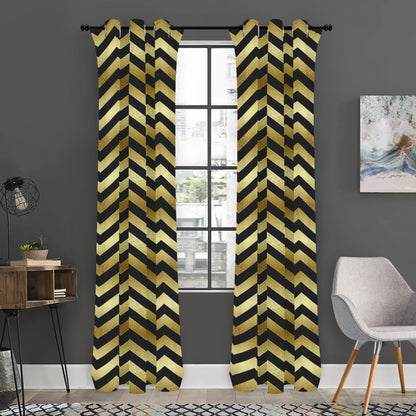 Gold And Black Chevron Pattern Print Curtain