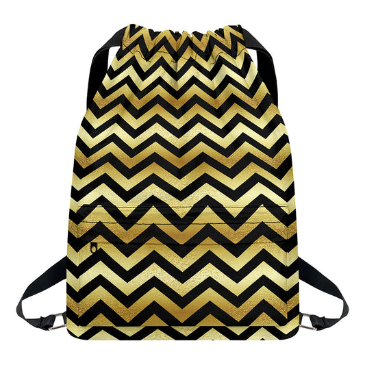 Gold And Black Chevron Pattern Print Drawstring Backpack