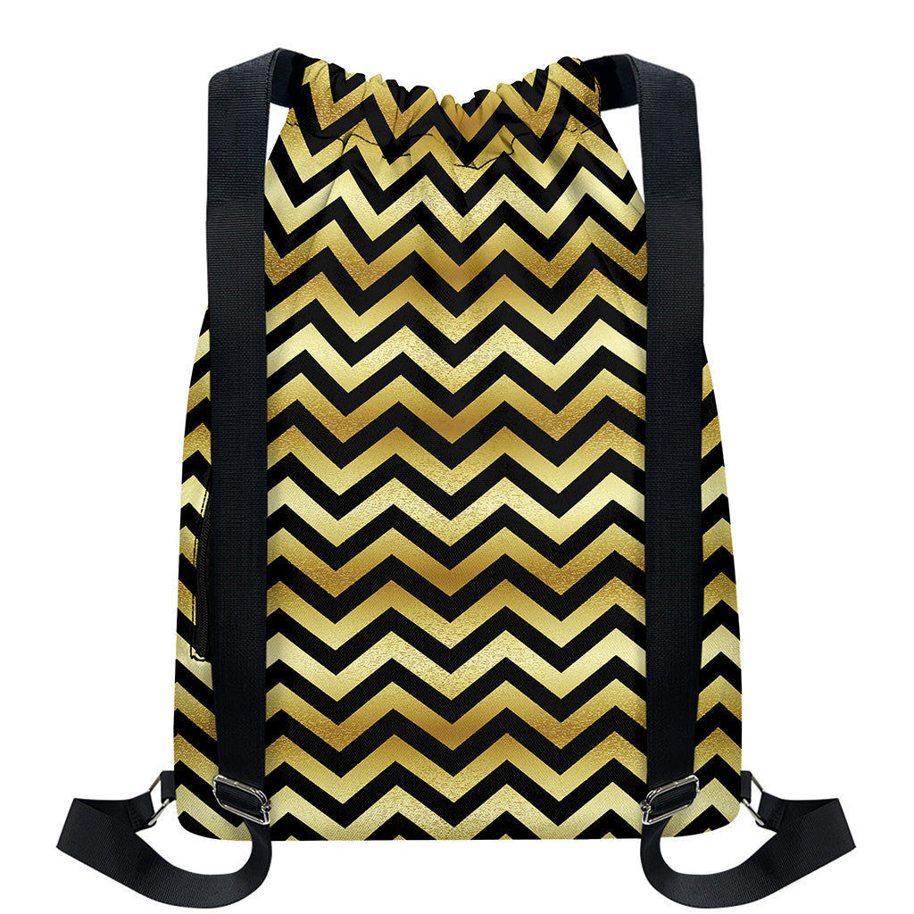 Gold And Black Chevron Pattern Print Drawstring Backpack