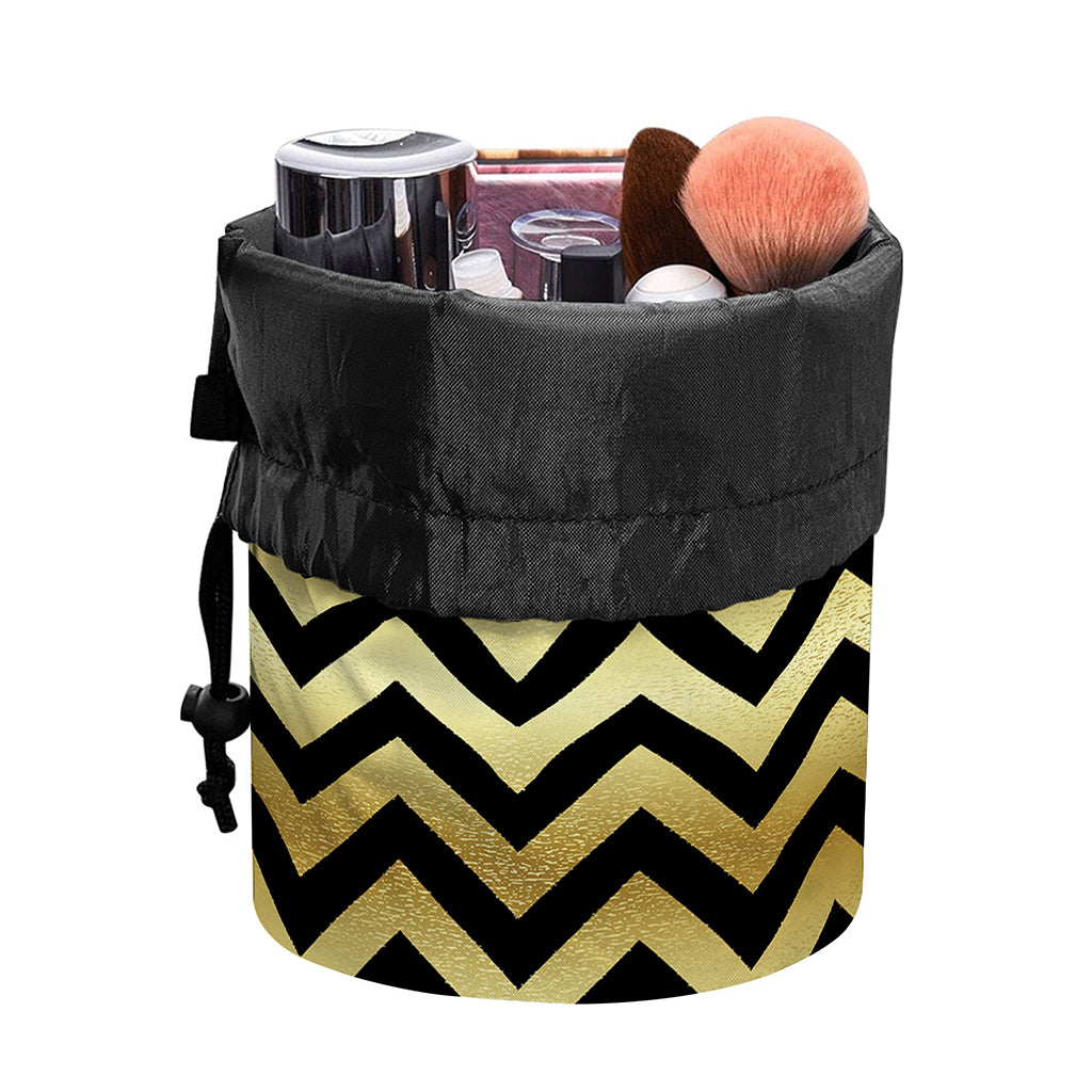 Gold And Black Chevron Pattern Print Drawstring Makeup Bag