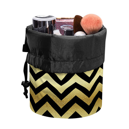 Gold And Black Chevron Pattern Print Drawstring Makeup Bag