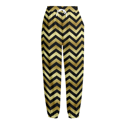 Gold And Black Chevron Pattern Print Fleece Lined Knit Pants