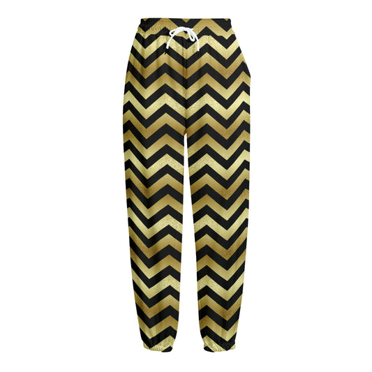 Gold And Black Chevron Pattern Print Fleece Lined Knit Pants