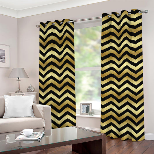 Gold And Black Chevron Pattern Print Grommet Curtains