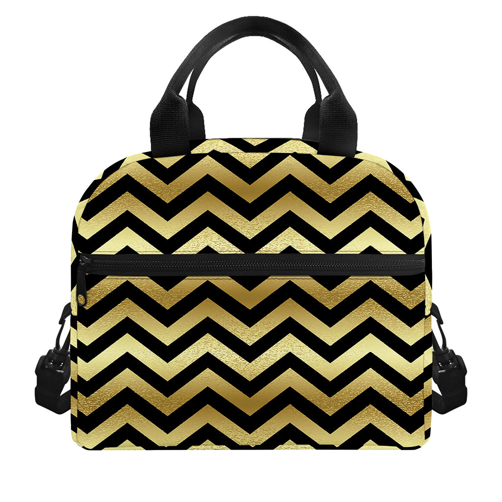 Gold And Black Chevron Pattern Print Insulated Lunch Bag