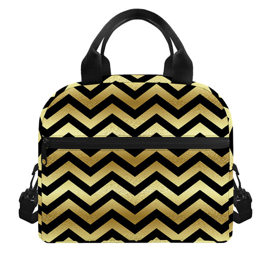 Gold And Black Chevron Pattern Print Insulated Lunch Bag