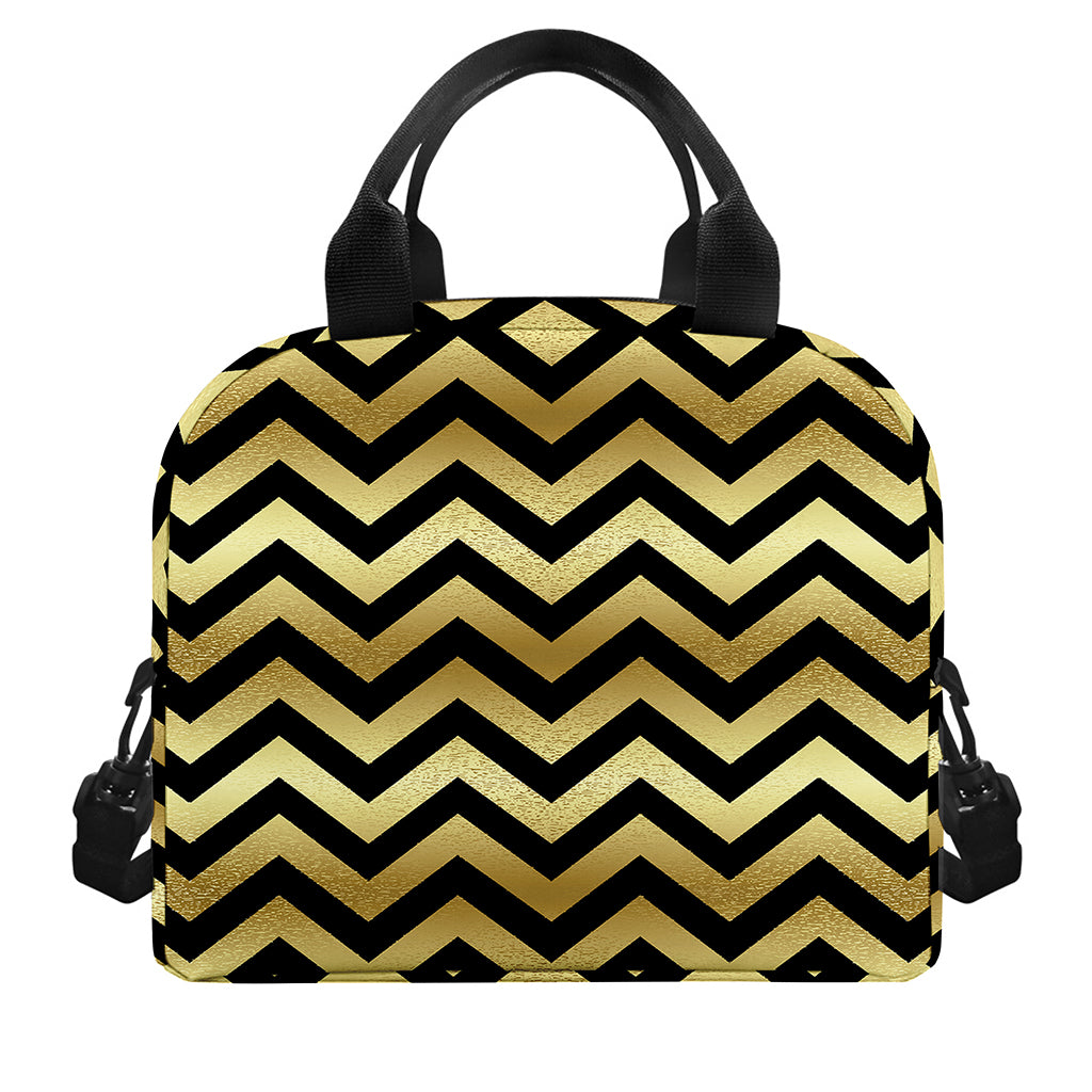 Gold And Black Chevron Pattern Print Insulated Lunch Bag