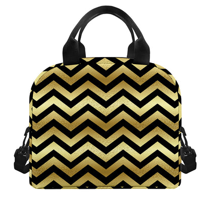 Gold And Black Chevron Pattern Print Insulated Lunch Bag