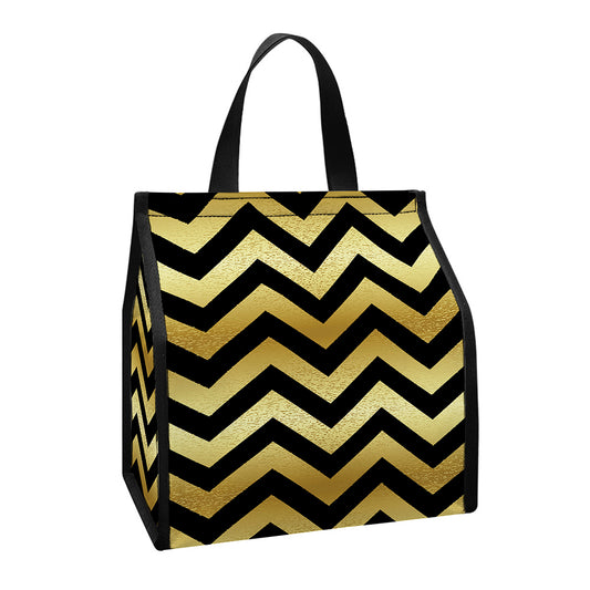 Gold And Black Chevron Pattern Print Insulated Lunch Tote
