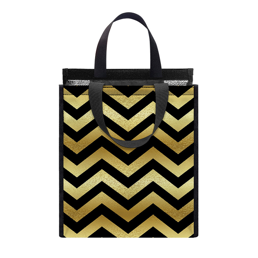 Gold And Black Chevron Pattern Print Insulated Lunch Tote